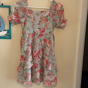 Sheer Floral with gold threads Kids Dress in Pink and Green. Ruffle at skirt.